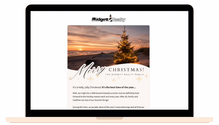 Christmas email newsletter from a beach vacation rental company with festive logo